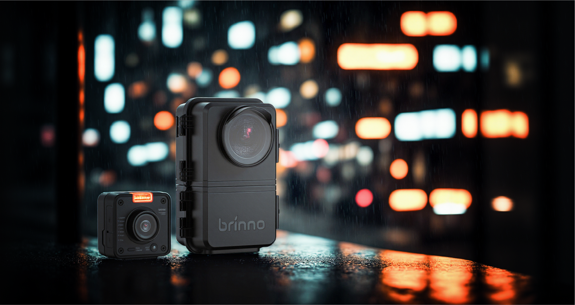 Brinno TLC5000 4K time lapse camera with ATH5000 weatherproof housing, shown on a wet surface at night, built for long-term construction site monitoring